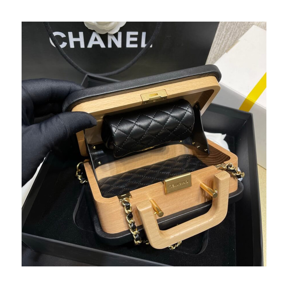 CHANEL CC GHW Vanity Case Wood Chain Shoulder Bag AS2926 Wood Beige Black